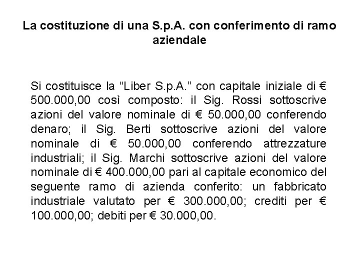 La costituzione di una S. p. A. conferimento di ramo aziendale Si costituisce la