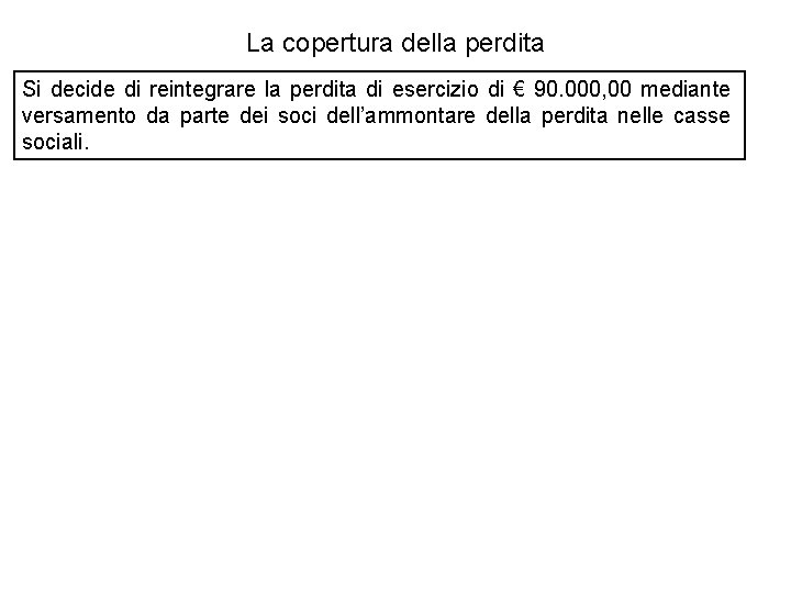 La copertura della perdita Si decide di reintegrare la perdita di esercizio di €