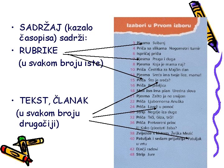  • SADRŽAJ (kazalo časopisa) sadrži: • RUBRIKE (u svakom broju iste) • TEKST,