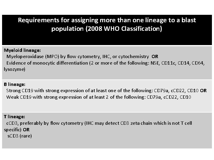 Requirements for assigning more than one lineage to a blast population (2008 WHO Classification)