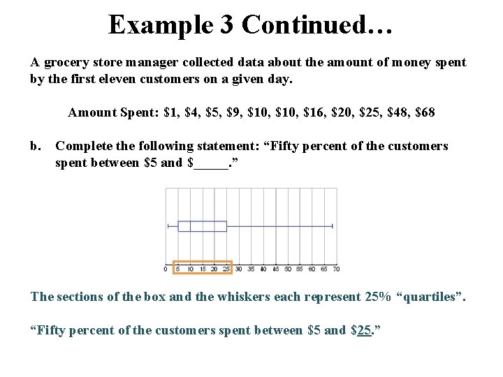 Example 3 Continued… A grocery store manager collected data about the amount of money