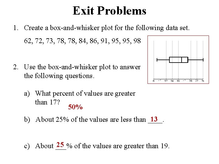 Exit Problems 1. Create a box-and-whisker plot for the following data set. 62, 73,