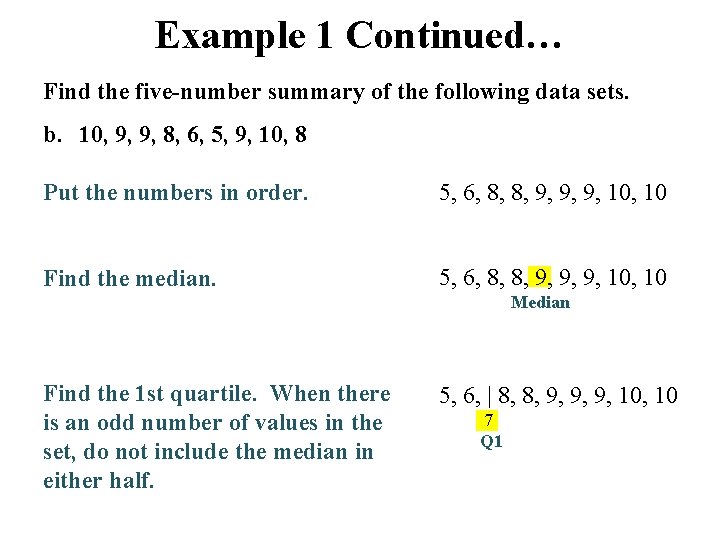 Example 1 Continued… Find the five-number summary of the following data sets. b. 10,