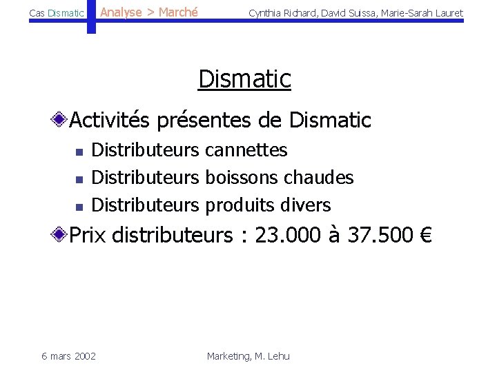 Analyse > Marché Cas Dismatic Cynthia Richard, David Suissa, Marie-Sarah Lauret Dismatic Activités présentes