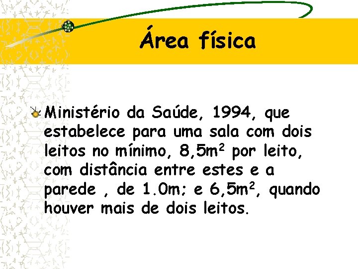 Área física Ministério da Saúde, 1994, que estabelece para uma sala com dois leitos