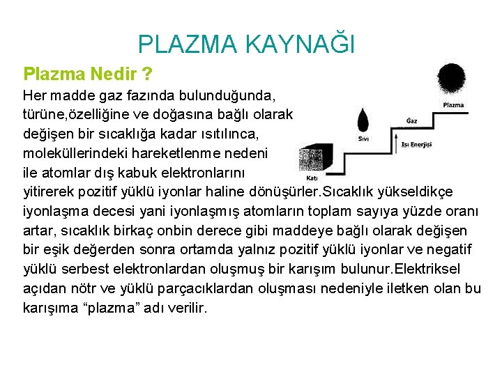 PLAZMA KAYNAĞI Plazma Nedir ? Her madde gaz fazında bulunduğunda, türüne, özelliğine ve doğasına