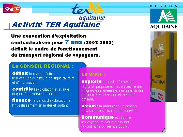 Activité TER Aquitaine Une convention d’exploitation contractualisée pour 7 ans (2002 -2008) définit le