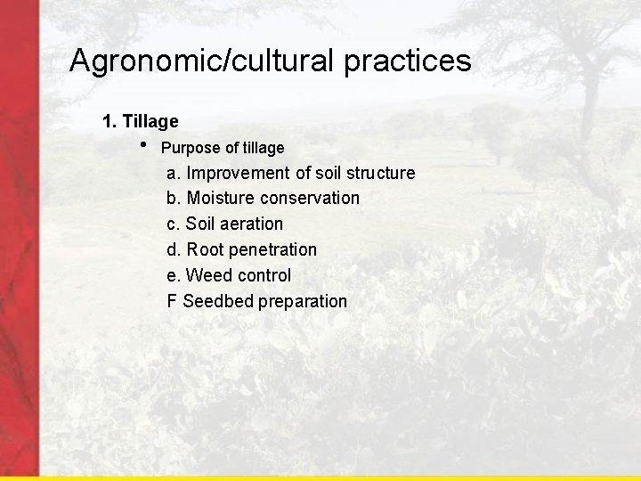 Agronomic/cultural practices 1. Tillage Purpose of tillage a. Improvement of soil structure b. Moisture