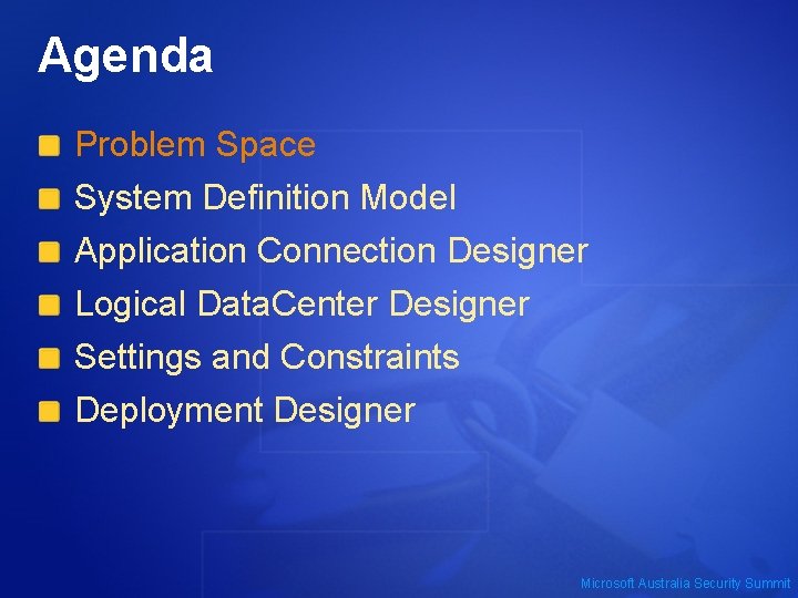 Agenda Problem Space System Definition Model Application Connection Designer Logical Data. Center Designer Settings