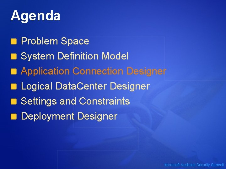 Agenda Problem Space System Definition Model Application Connection Designer Logical Data. Center Designer Settings