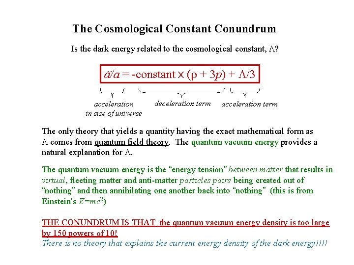 The Cosmological Constant Conundrum Is the dark energy related to the cosmological constant, L? The Cosmological Constant Conundrum Is the dark energy related to the cosmological constant, L?