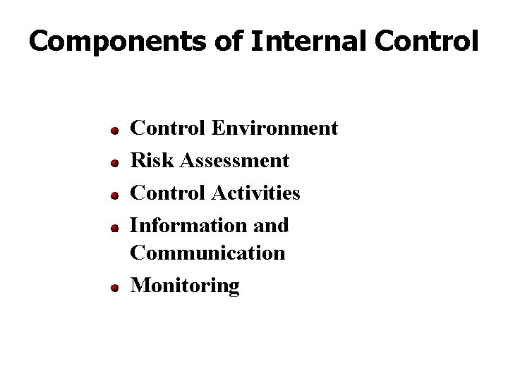 Components of Internal Control Environment Risk Assessment Control Activities Information and Communication Monitoring 