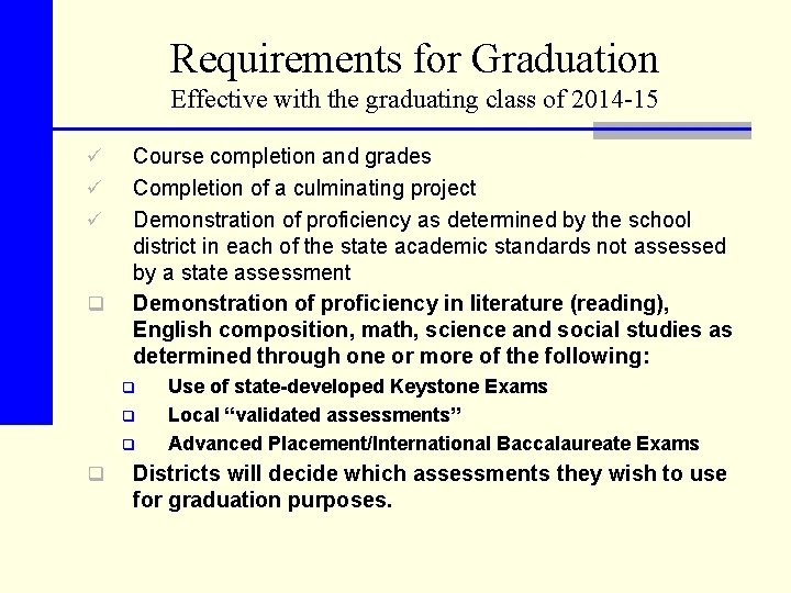 Requirements for Graduation Effective with the graduating class of 2014 -15 ü ü ü