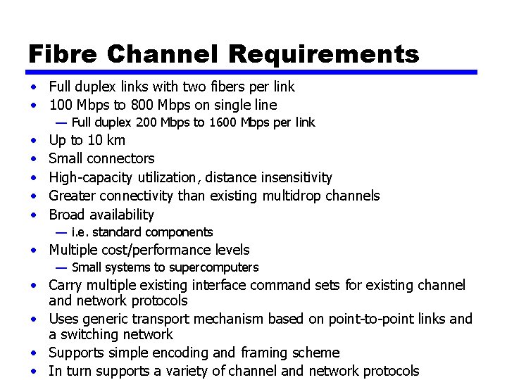 Fibre Channel Requirements • Full duplex links with two fibers per link • 100