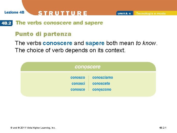 Punto di partenza The verbs conoscere and sapere both mean to know. The choice