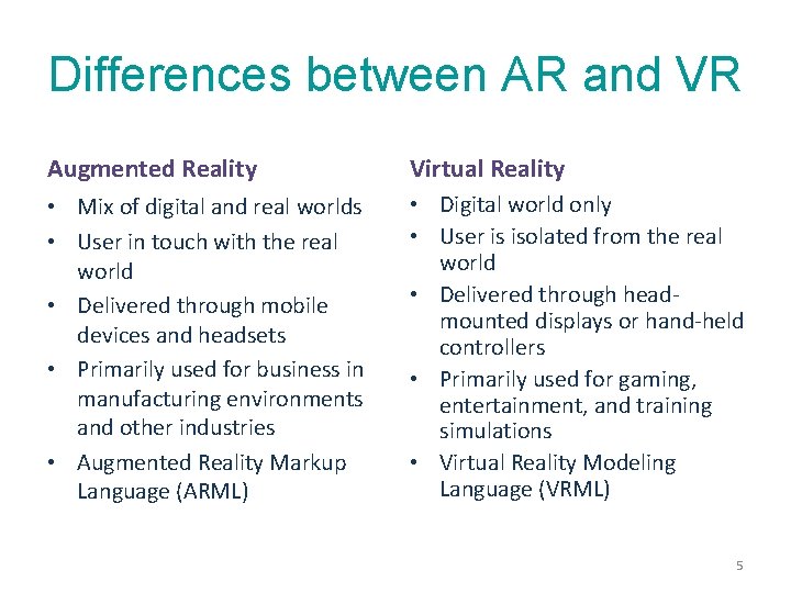 Differences between AR and VR Augmented Reality Virtual Reality • Mix of digital and
