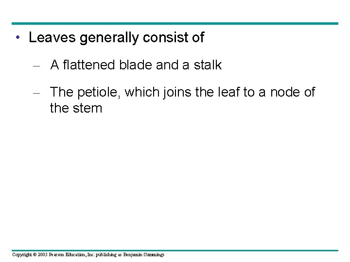  • Leaves generally consist of – A flattened blade and a stalk –