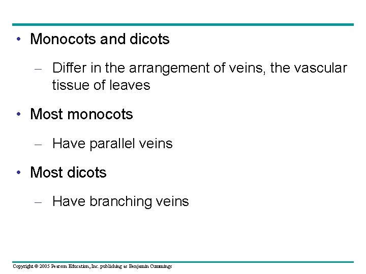  • Monocots and dicots – Differ in the arrangement of veins, the vascular