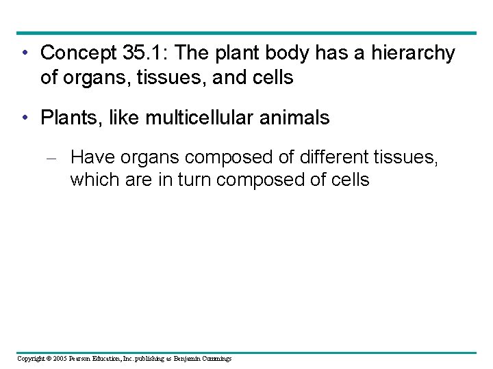  • Concept 35. 1: The plant body has a hierarchy of organs, tissues,