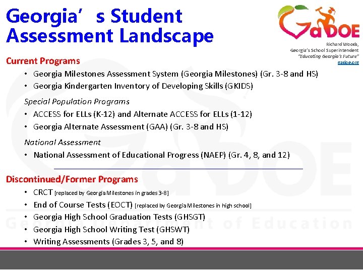 Georgia’s Student Assessment Landscape Current Programs Richard Woods, Georgia’s School Superintendent “Educating Georgia’s Future”