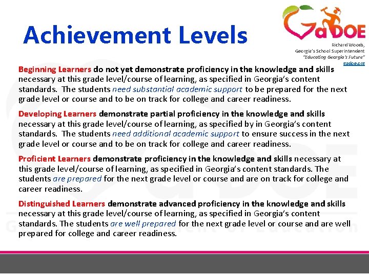 Achievement Levels Richard Woods, Georgia’s School Superintendent “Educating Georgia’s Future” gadoe. org Beginning Learners