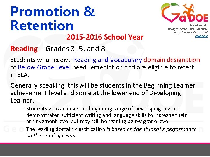 Promotion & Retention 2015 -2016 School Year Reading – Grades 3, 5, and 8