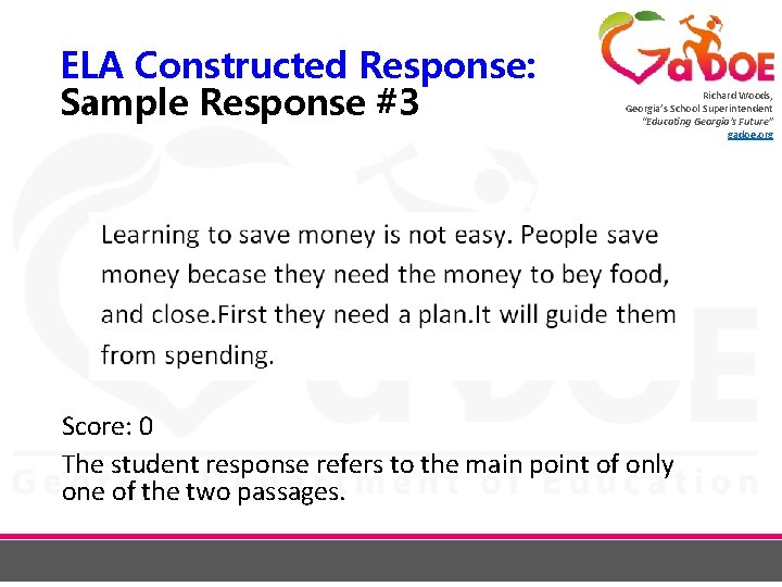 ELA Constructed Response: Sample Response #3 Richard Woods, Georgia’s School Superintendent “Educating Georgia’s Future”