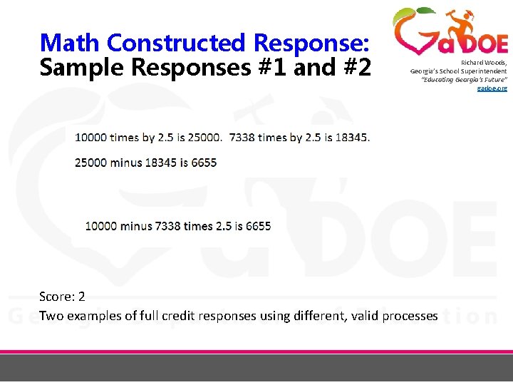 Math Constructed Response: Sample Responses #1 and #2 Richard Woods, Georgia’s School Superintendent “Educating