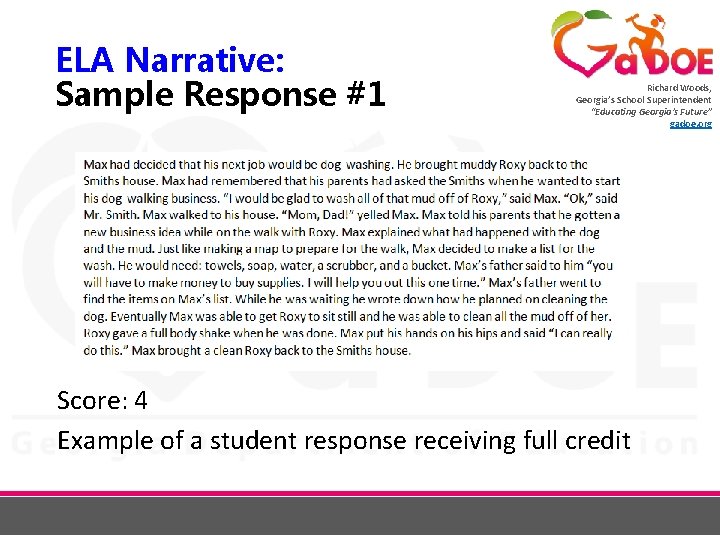 ELA Narrative: Sample Response #1 Richard Woods, Georgia’s School Superintendent “Educating Georgia’s Future” gadoe.