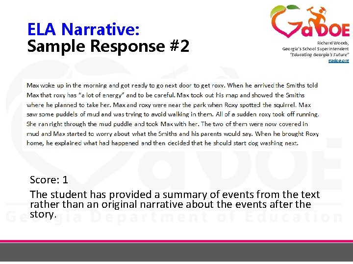 ELA Narrative: Sample Response #2 Richard Woods, Georgia’s School Superintendent “Educating Georgia’s Future” gadoe.