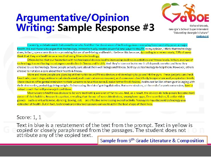 Argumentative/Opinion Writing: Sample Response #3 Richard Woods, Georgia’s School Superintendent “Educating Georgia’s Future” gadoe.