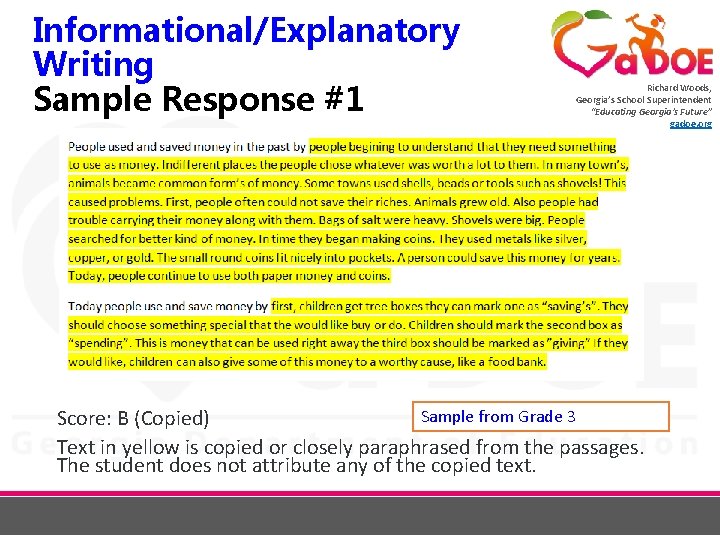 Informational/Explanatory Writing Sample Response #1 Richard Woods, Georgia’s School Superintendent “Educating Georgia’s Future” gadoe.