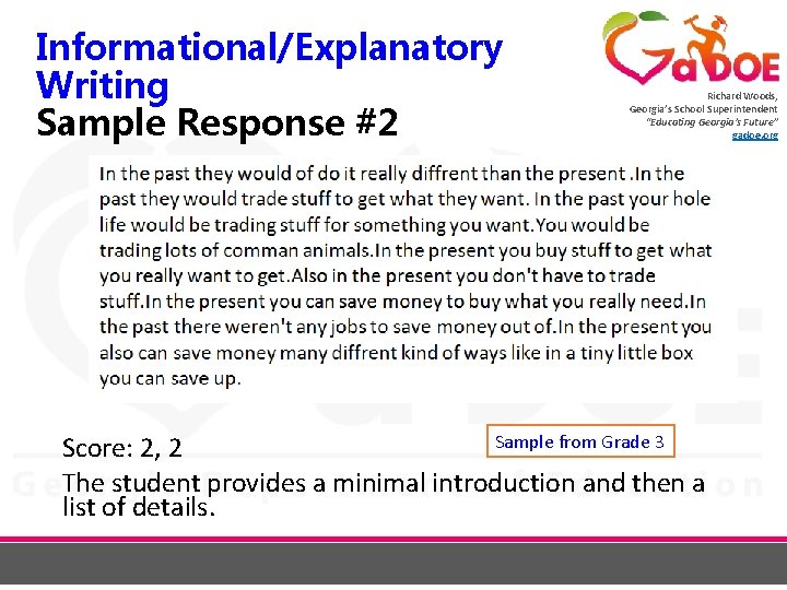 Informational/Explanatory Writing Sample Response #2 Richard Woods, Georgia’s School Superintendent “Educating Georgia’s Future” gadoe.