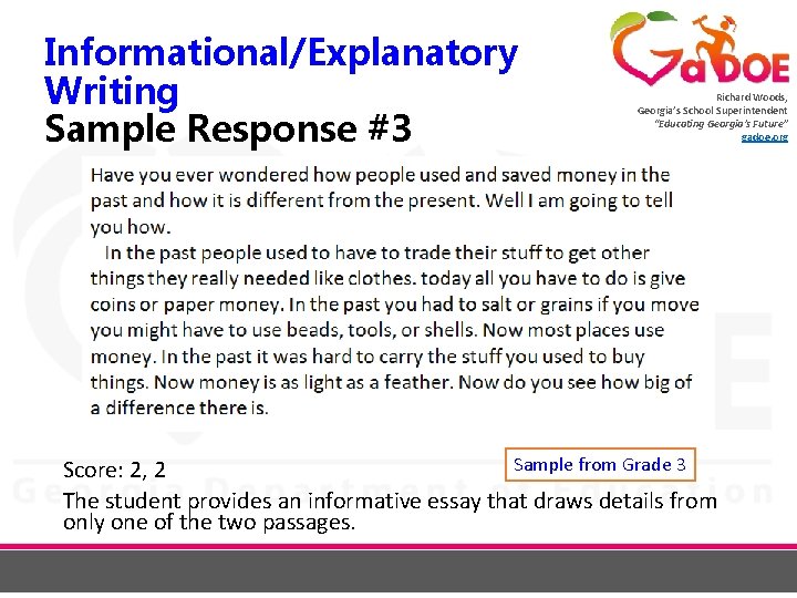 Informational/Explanatory Writing Sample Response #3 Richard Woods, Georgia’s School Superintendent “Educating Georgia’s Future” gadoe.