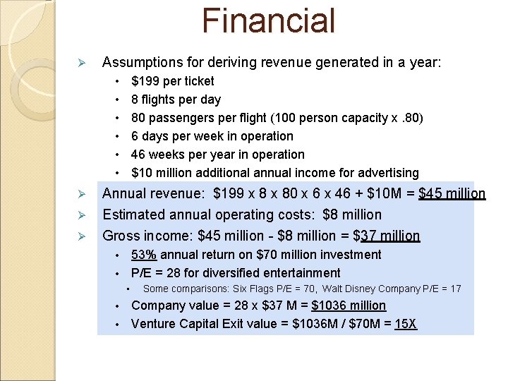 Financial Ø Assumptions for deriving revenue generated in a year: • • • Ø