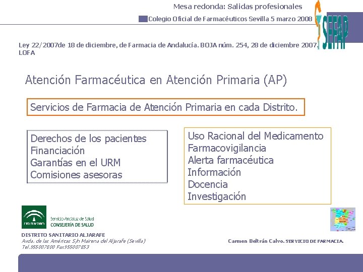 Mesa redonda: Salidas profesionales Colegio Oficial de Farmacéuticos Sevilla 5 marzo 2008 Ley 22/2007