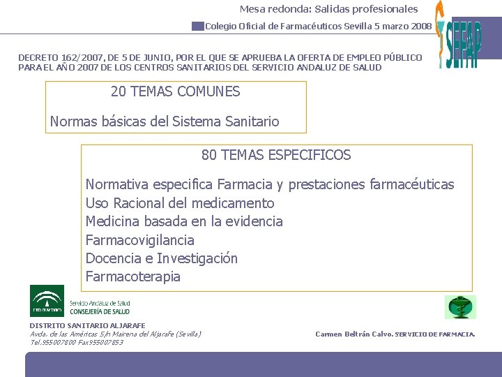 Mesa redonda: Salidas profesionales Colegio Oficial de Farmacéuticos Sevilla 5 marzo 2008 DECRETO 162/2007,