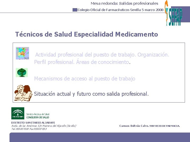 Mesa redonda: Salidas profesionales Colegio Oficial de Farmacéuticos Sevilla 5 marzo 2008 Técnicos de