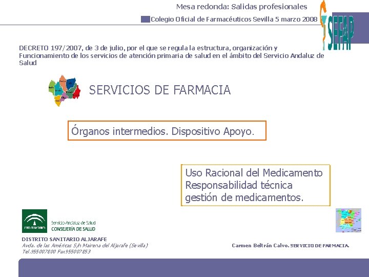 Mesa redonda: Salidas profesionales Colegio Oficial de Farmacéuticos Sevilla 5 marzo 2008 DECRETO 197/2007,