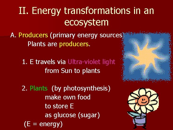 II. Energy transformations in an ecosystem A. Producers (primary energy sources) Plants are producers.