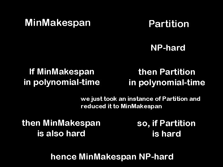 Min. Makespan Partition NP-hard If Min. Makespan in polynomial-time then Partition in polynomial-time we