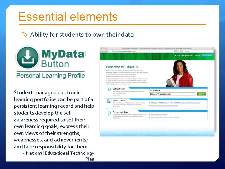 Essential elements Ability for students to own their data Student-managed electronic learning portfolios can Essential elements Ability for students to own their data Student-managed electronic learning portfolios can