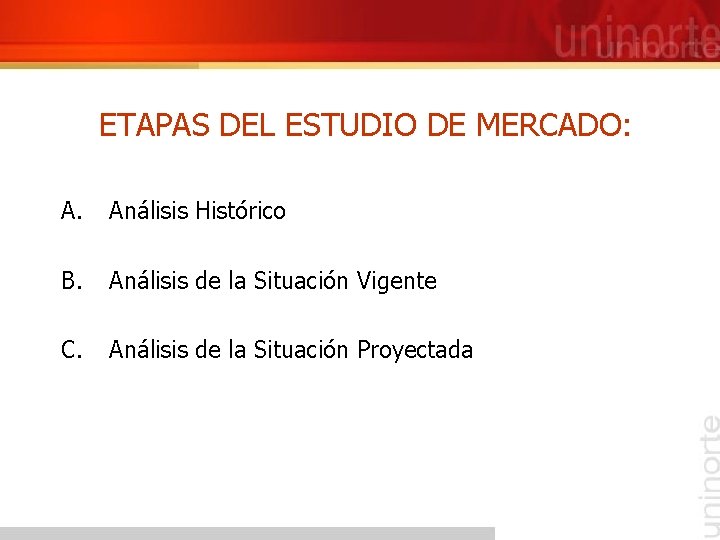 ETAPAS DEL ESTUDIO DE MERCADO: A. Análisis Histórico B. Análisis de la Situación Vigente