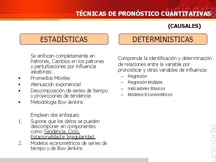 TÉCNICAS DE PRONÓSTICO CUANTITATIVAS (CAUSALES) ESTADÍSTICAS • • 1. 2. Se enfocan completamente en