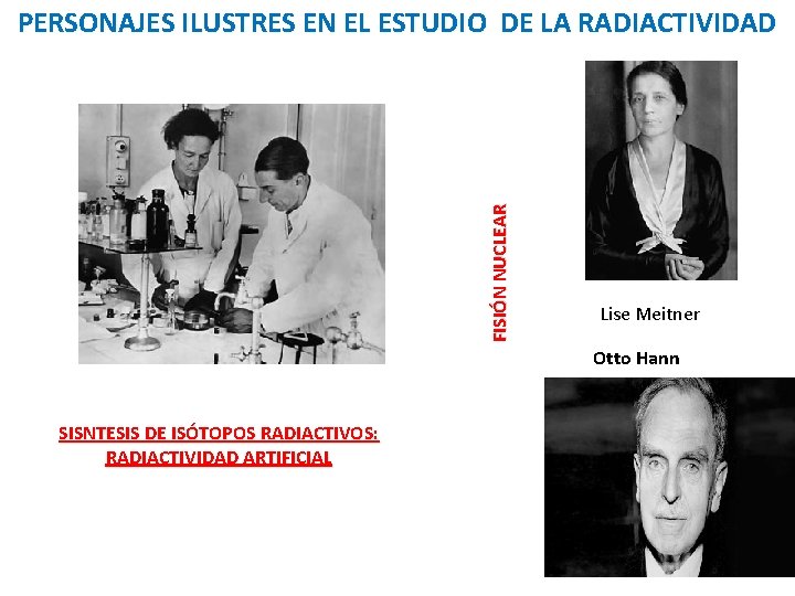 FISIÓN NUCLEAR PERSONAJES ILUSTRES EN EL ESTUDIO DE LA RADIACTIVIDAD Lise Meitner Otto Hann FISIÓN NUCLEAR PERSONAJES ILUSTRES EN EL ESTUDIO DE LA RADIACTIVIDAD Lise Meitner Otto Hann