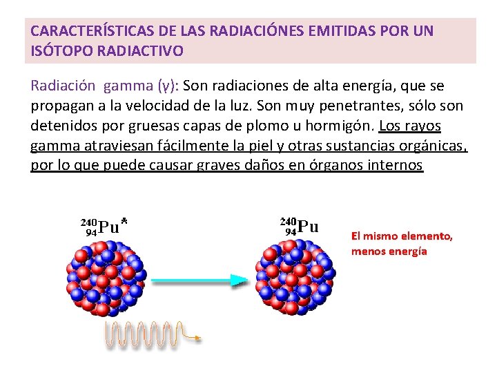 CARACTERÍSTICAS DE LAS RADIACIÓNES EMITIDAS POR UN ISÓTOPO RADIACTIVO Radiación gamma (γ): Son radiaciones CARACTERÍSTICAS DE LAS RADIACIÓNES EMITIDAS POR UN ISÓTOPO RADIACTIVO Radiación gamma (γ): Son radiaciones