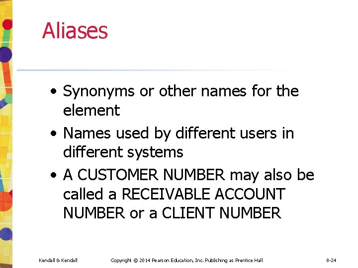 Aliases • Synonyms or other names for the element • Names used by different Aliases • Synonyms or other names for the element • Names used by different