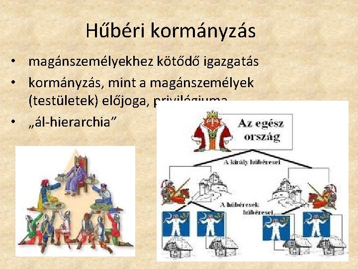 Hűbéri kormányzás • magánszemélyekhez kötődő igazgatás • kormányzás, mint a magánszemélyek (testületek) előjoga, privilégiuma