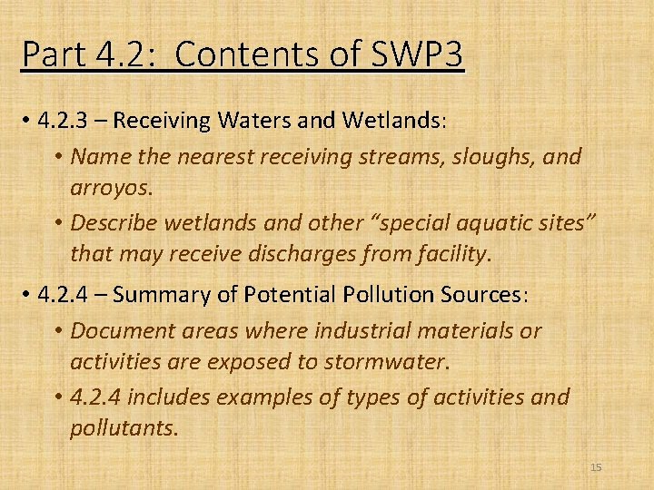 Part 4. 2: Contents of SWP 3 • 4. 2. 3 – Receiving Waters