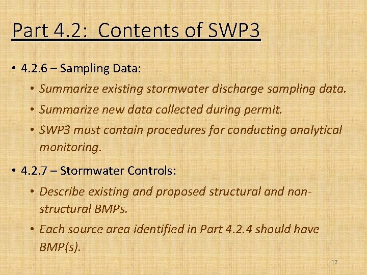 Part 4. 2: Contents of SWP 3 • 4. 2. 6 – Sampling Data: